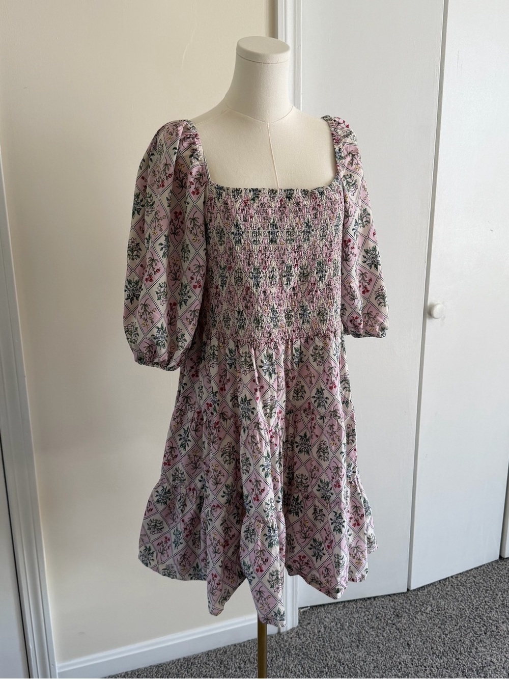 Eloquii Puff 3/4 Sleeve Smocked Fit & Flare Tiered Mini Dress in Pink Floral 20